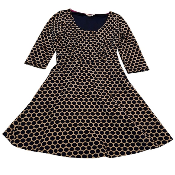 Boden 4P Fit & Flare Polka Dot Dress | Navy Tan | Textured | Scoop Neck - Picture 1 of 6